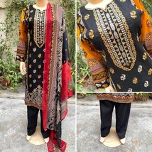Pakistani Black Printed Straight Shirt 3-PCS Lawn Suit / Threadwork ,XL - $54.45