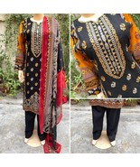 Pakistani Black Printed Straight Shirt 3-PCS Lawn Suit / Threadwork ,XL - $54.45