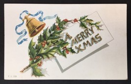 Antique A Merry XMAS Christmas Greeting Card Embossed Divided Back Holly Bell - £10.55 GBP