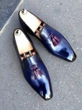 Men Shiny Blue Loafer Slip On Maroon Tassel Burnished Derby Toe Leather Shoe - £112.17 GBP