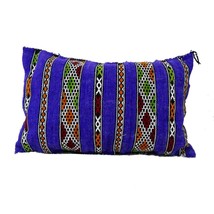 Moroccan Kilim Blue Cushion Handloomed Wool Pillow Sofa Blue Lumbar Decor - £58.42 GBP