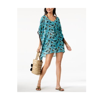 Miken Leaf Print V-Back Tassled Tunic Swim Cover Up Dress Sheer L New Teal - $19.75