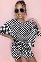 Black Checkered Top and Short Casual 2pcs Set - $375.23 MXN