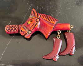 Vintage Bakelite Horse Head with Glass Eyes and Pair of Boots Pin Brooch - £154.92 GBP