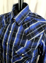 Ely Cattleman Western Shirt Blue Metallic Plaid Long Sleeve Pearl Snaps Size M - £19.37 GBP