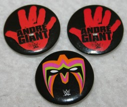 Lot of 3 WWE Wrestling Pinback Buttons ANDRE THE GIANT The Ultimate Warrior 1.25 - £7.88 GBP