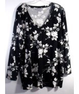 Roamans Womens Tunic Top Long Sleeve Size 1X 22/24 Black &amp; White V Neck - $16.95