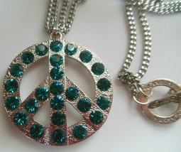 Silver-tone Harmony Teal/Blue Rhinestone Peace Sign Double Chain Necklace - £15.06 GBP