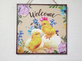 Easter Spring Yellow Chicks Floral Hanging Wall Sign Decor 10.5&quot; x 10.5&quot; - £11.66 GBP