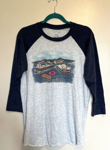 Luckybird Clothing Raglan Top Womens Size M Gray Blue “Pontoon Party” Bo... - $13.86