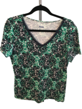 Basic Editions Womens Shirt Large Navy Green Cotton Top Casual Short Sleeves L - £7.85 GBP