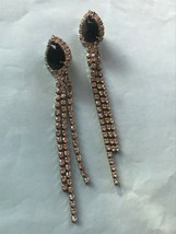 Estate Super Long Black Pinched Oval w Clear Rhinestone Silvertone Dangle Post  - £10.10 GBP