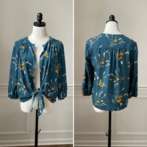Collective Concept Stitch Fix Open Front Knotted Green Floral Blouse M P... - $337.22 MXN