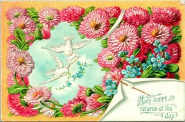 Vtg Postcard Victorian Greeting Postcard - Pink Daisies &amp; Doves Embossed - £10.20 GBP