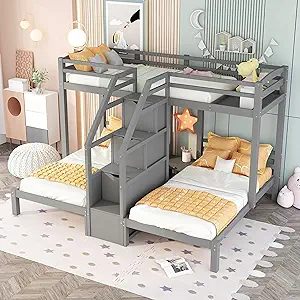 Twin Over Twin &amp; Twin Bunk Bed, Frame With Built-In 3 Storage Staircase ... - $1,264.99