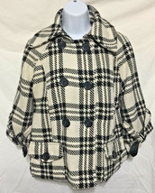 JouJou Women Small Black White Plaid Double Breasted Belted Pea Coat 3/4 Sleeve - £11.85 GBP