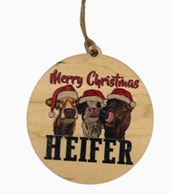 Wooden Ornament, Merry Christmas Heifer with 3 Cows in Santa Hats, 3.25 in - £6.26 GBP