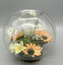 Vintage Clear Glass Terrarium Candle Holder Faux Flowers Globe Kitsch Decor - £12.35 GBP