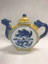 Vintage Porcelain  tea pot Slim style yellow blue lid 7 by 7 inch Dragon marked - £31.18 GBP
