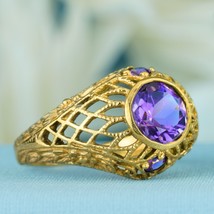Natural Amethyst Vintage Style Filigree Net Ring in Solid 9K Yellow Gold - £520.84 GBP