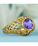 Natural Amethyst Vintage Style Filigree Net Ring in Solid 9K Yellow Gold - £511.13 GBP