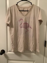 Women&#39;s Flamingo Theme Short Sleeve T-Shirt Tee V Neck Size XL Beige - $32.97