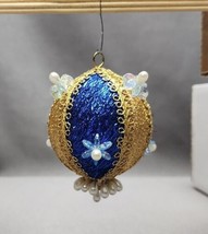 Vintage Push Pin Christmas Ornament Beaded Handmade Blue &amp; Gold 2.5&quot; Ball MCM - £12.63 GBP