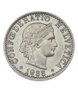 1933 Switzerland 20 Rappen Coin (About Uncirculated, AU Condition) KM# 29 - €82,85 EUR
