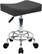 Square Rolling Stool with Footrest PU Leather Height Adjustable 360 Swivel  - $50.39