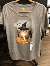 Junior&#39;s Halloween Witch Hat Cat Pumpkin Short Sleeve Shirt Gray Large 12-14 - £10.17 GBP