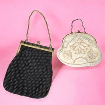 Vintage 60s Beaded Evening Bags Purses Cream Pearl Black Art Deco Cocktail - $57.90