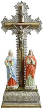 Antique Crucifix Cross Religious Mary and John Jesus Brass Ceramic Metal Wo - £203.73 GBP