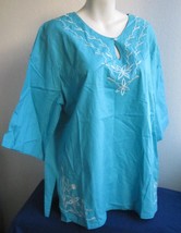 Collections Etc Cotton Tunic Top Blouse XL Turquoise Embroidered INDIA NEW - $18.99