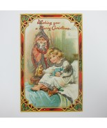 Christmas Postcard Old World Santa Girl Bed Toys Doll Bunny Rabbit Tuck ... - £23.53 GBP