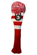 Tour #3 Fairway Metal Wood Red &amp; White Golf Headcover Knit Pom Head Cover - £15.52 GBP