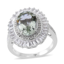 Green Amethyst, White Topaz Sterling Silver Halo Ring (Sz 6) 8.08 cts. #JR204 - £52.59 GBP