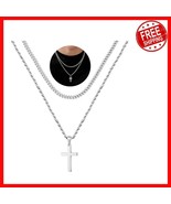 Elegant Layered Cross Necklace for Men - 22/24 inch Stainless Steel Charm - $623.90 MXN