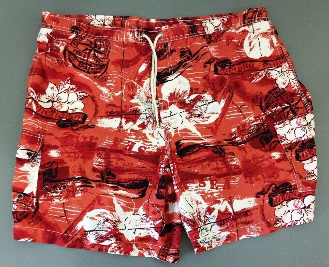 Penmans Men&#39;s Large Orange Black Hawaiian Print Mesh Lined Swim Shorts T... - $7.92