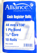 ALLIANCE CASH REGISTER ROLLS 44MM x 138&#39;  1PLY BOND 7/16&#39;&#39; CORE 10 pack - £6.27 GBP