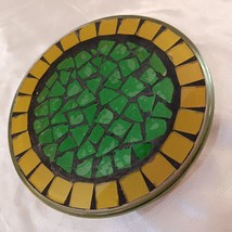 Vintage Green &amp; Gold Mosaic Footed Glass Trivet Hot Plate Kitchen Decor - £13.33 GBP