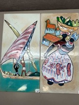 2 Vintage Hand Painted Signed Ceramic Tiles by Jangada Brazil 1967 Bahiana - £84.68 GBP