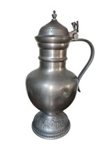 Antique Pewter Lidded Wine Jug Horn Accent 11&quot; - £33.54 GBP