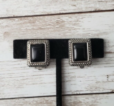 Vintage Clip On Earrings - Black Square with Silver Tone Halo - £10.38 GBP