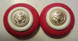 NAUTICAL Clip Earrings 1980s Big Bold Red White Plastic and  Gold Tone - £11.73 GBP