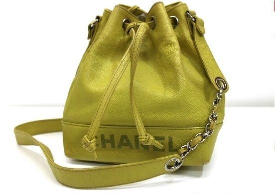 AUTHENTIC CHANEL Caviar Leather Drawstring Shoulder Bag with Pouch Yellow Green - $860.00