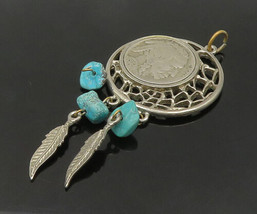 925 Sterling Silver - Vintage Turquoise Dream Catcher Coin Pendant - PT17550 - £57.05 GBP