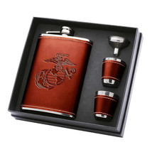 Vanguard Marine Corps Brown Debossed Leather Flask Set With Two Shot Glasses - £27.51 GBP