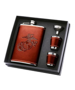 Vanguard MARINE CORPS BROWN DEBOSSED LEATHER FLASK SET WITH TWO SHOT GLA... - £26.63 GBP