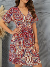 Vacation Women&#39;s Short Dress Size Large Paisley Short Sleeve High Waist - £18.97 GBP