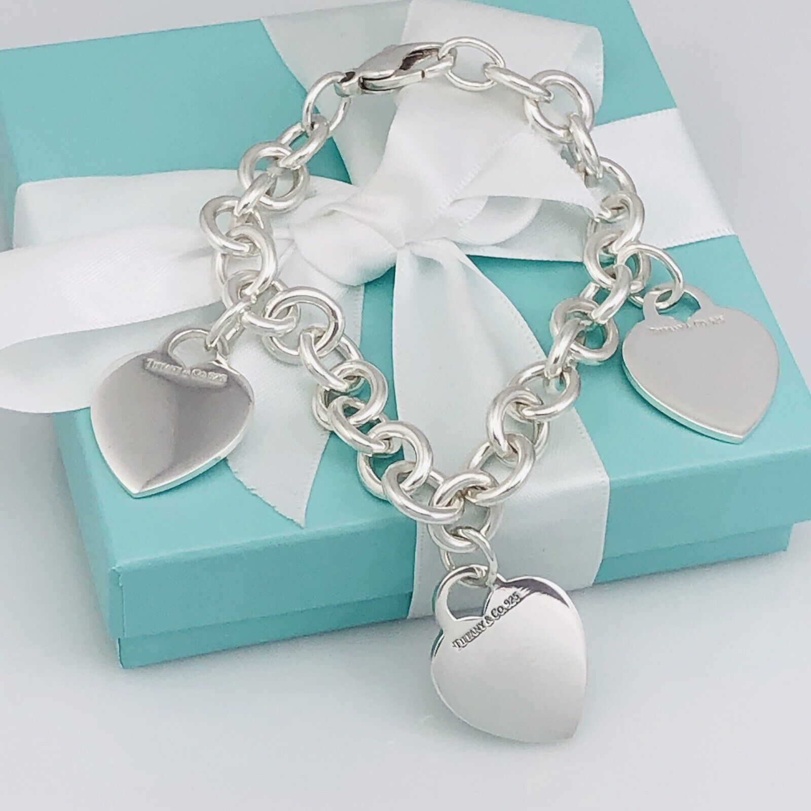 Tiffany & Co Silver 3 Three Charm Blank Heart Tag Mothers Charm Bracelet - £371.70 GBP